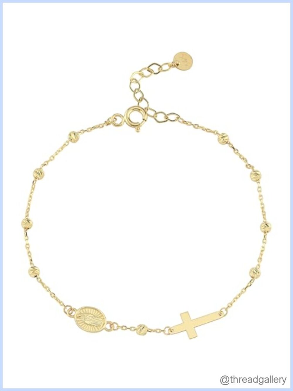 14K Solid Gold Rosary Sideways Cross Bracelet Adjustable Religious Charm